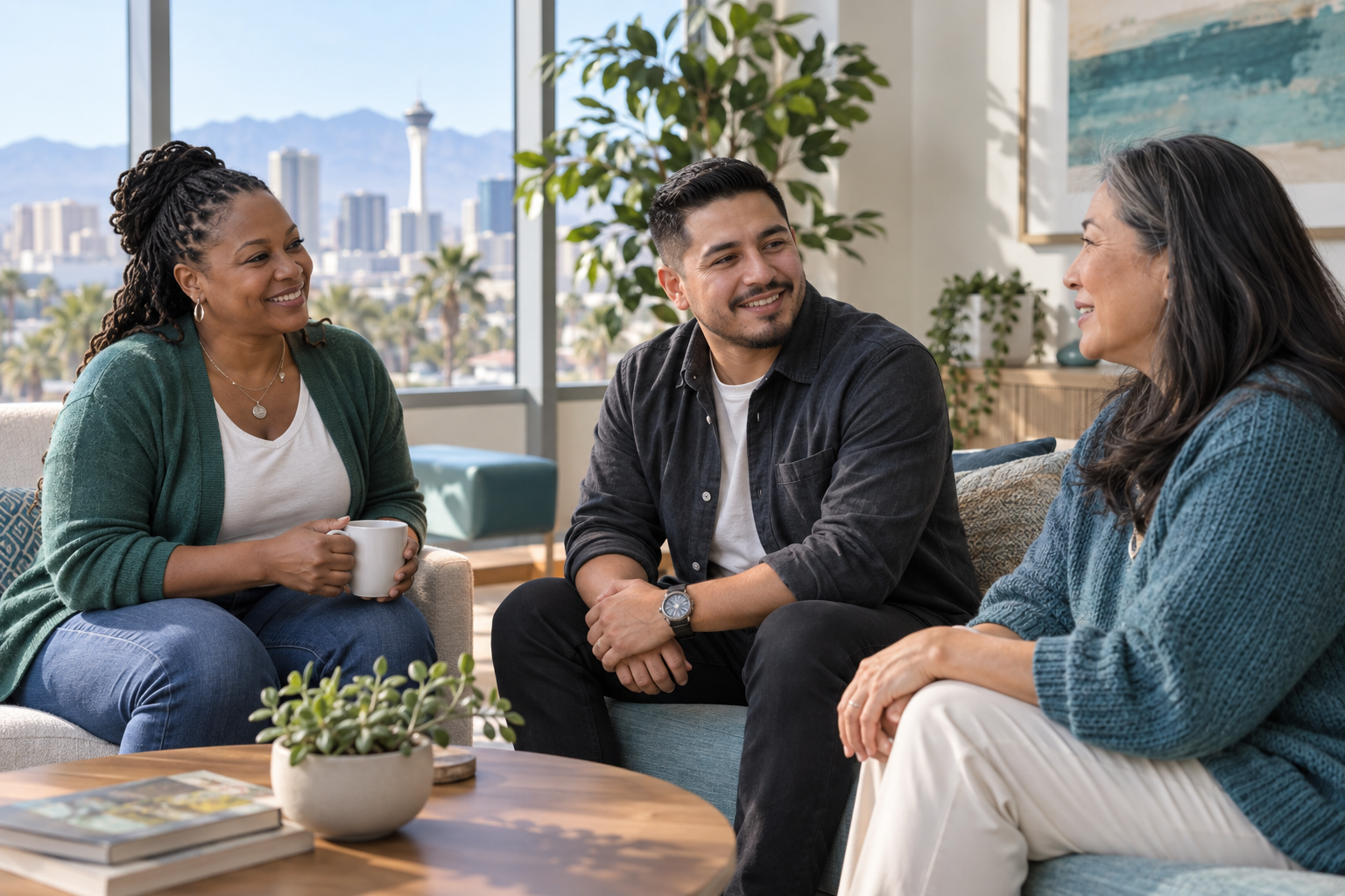 Adults talking together in a welcoming space